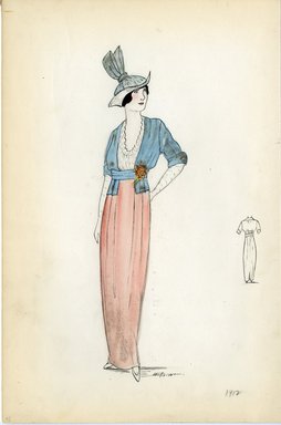 <em>"Day dress, 1912. Dress with blue jacket and pink skirt; white ruffled shirt and blue hat included; blue sash with flower embellishment at high waist. (Bendel Collection, HB 002-42)"</em>, 1912. Fashion sketch, 12.25 x 8.5 in (31.1 x 21.6 cm). Brooklyn Museum, Fashion sketches. (Photo: Brooklyn Museum, SC01.1_Bendel_Collection_HB_002-42_1912_SL5.jpg