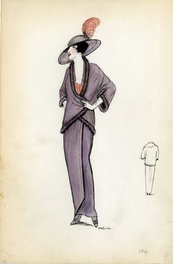 <em>"Day dress, 1912. Mauve dress and jacket with coral undershirt; fur trim on jacket and sleeves; large mauve hat with coral plum. (Bendel Collection, HB 002-44)"</em>, 1912. Fashion sketch, 12.25 x 8.5 in (31.1 x 21.6 cm). Brooklyn Museum, Fashion sketches. (Photo: Brooklyn Museum, SC01.1_Bendel_Collection_HB_002-44_1912_SL5.jpg