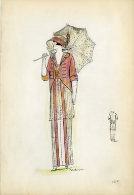 <em>"Day dress, 1912. Dress of white lace or netting with irridescent pink trimmings; Irridescent pink and orange jacket; layered skirt with overskirt of lace; long white gloves, lace parasol, and white cloiche-like hat with pink sash included. (Bendel Collection, HB 002-45)"</em>, 1912. Fashion sketch, 12.25 x 8.5 in (31.1 x 21.6 cm). Brooklyn Museum, Fashion sketches. (Photo: Brooklyn Museum, SC01.1_Bendel_Collection_HB_002-45_1912_SL5.jpg