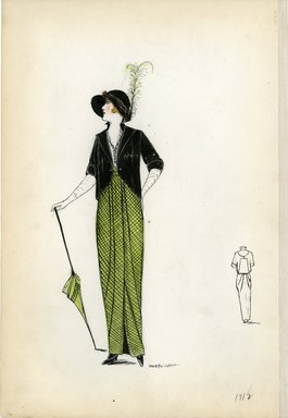 <em>"Day dress, 1912. Green dress and black jacket; Dress has small black stripes with a white ruffled shirt showing under the jacket; jacket has a scallopped edge along bottom hem; black hat with green plume at back and dark red sash; green parasol, and long white gloves included. (Bendel Collection, HB 002-46)"</em>, 1912. Fashion sketch, 12.25 x 8.5 in (31.1 x 21.6 cm). Brooklyn Museum, Fashion sketches. (Photo: Brooklyn Museum, SC01.1_Bendel_Collection_HB_002-46_1912_SL5.jpg