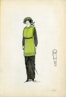 <em>"Day dress, 1912. Black dress with green jumper; belted at high waist; embroidery along hem, shoulders, and sleeve opening of jumper; long sleeves; green hat with pink flowers and black sash. (Bendel Collection, HB 002-51)"</em>, 1912. Fashion sketch, 12.25 x 8.5 in (31.1 x 21.6 cm). Brooklyn Museum, Fashion sketches. (Photo: Brooklyn Museum, SC01.1_Bendel_Collection_HB_002-51_1912_SL5.jpg