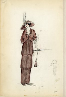 <em>"Day dress, Callot Soeurs, 1912. Rose pink dress and jacket; layered skirt with pleated material; long white gloves, small pink purse, and wide brim pink hat with flower and feather embellishments included. (Bendel Collection, HB 002-52)"</em>, 1912. Fashion sketch, 12.25 x 8.5 in (31.1 x 21.6 cm). Brooklyn Museum, Fashion sketches. (Photo: Brooklyn Museum, SC01.1_Bendel_Collection_HB_002-52_1912_Callot_SL5.jpg