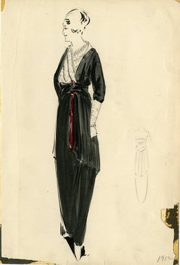 <em>"Day dress, 1912. Black dress with white ruffled shirt; sash at empire waist; layered skirt. (Bendel Collection, HB 002-53)"</em>, 1912. Fashion sketch, 12.25 x 8.5 in (31.1 x 21.6 cm). Brooklyn Museum, Fashion sketches. (Photo: Brooklyn Museum, SC01.1_Bendel_Collection_HB_002-53_1912_SL5.jpg