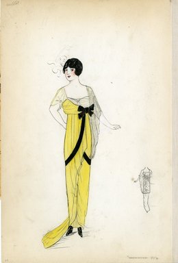 <em>"Day dress, Callot Soeurs, 1912. Yellow day dress with black bow at empire waist; black trim along bodice; sleeves made up of white lace or netting; white shawl and feathered headpiece included. (Bendel Collection, HB 002-54)"</em>, 1912. Fashion sketch, 12.25 x 8.5 in (31.1 x 21.6 cm). Brooklyn Museum, Fashion sketches. (Photo: Brooklyn Museum, SC01.1_Bendel_Collection_HB_002-54_1912_Callot_SL5.jpg