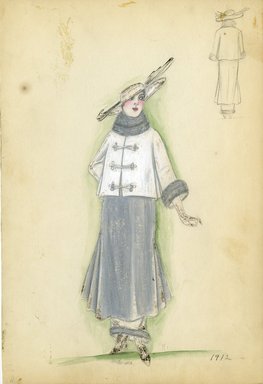 <em>"Day dress, 1912. White and gray dress; white jacket with toggle closure; gray fur trim on sleeve and collar and hem of skirt; calf-length gray skirt with ankle-length white underskirt; wide, flat white hat. (Bendel Collection, HB 002-55)"</em>, 1912. Fashion sketch, 12.25 x 8.5 in (31.1 x 21.6 cm). Brooklyn Museum, Fashion sketches. (Photo: Brooklyn Museum, SC01.1_Bendel_Collection_HB_002-55_1912_SL5.jpg