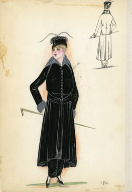 <em>"Day dress, 1912. Black dress and jacket; Gray fur trim on collar and sleeves of jacket; buttons down center front of jacket; black sash around waist with embroidery on ends; ankle length hobble skirt undeer calf length over skirt; black hat with feather embellishment and walking cane included. (Bendel Collection, HB 002-56)"</em>, 1912. Fashion sketch, 12.25 x 8.5 in (31.1 x 21.6 cm). Brooklyn Museum, Fashion sketches. (Photo: Brooklyn Museum, SC01.1_Bendel_Collection_HB_002-56_1912_SL5.jpg