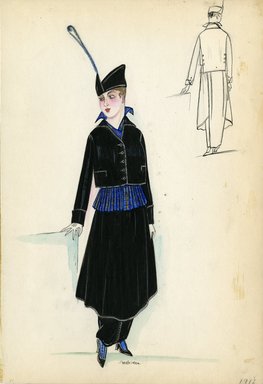 <em>"Day dress, 1912. Black dress with tartan shirt and black jacket; shirt consists of blue, red, and yellow stripes; cropped jacket with buttons down center front; ankle length hobble skirt with calf length over skirt; black hat with long blue plume included. (Bendel Collection, HB 002-57)"</em>, 1912. Fashion sketch, 12.25 x 8.5 in (31.1 x 21.6 cm). Brooklyn Museum, Fashion sketches. (Photo: Brooklyn Museum, SC01.1_Bendel_Collection_HB_002-57_1912_SL5.jpg