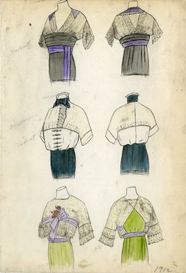 <em>"Day dresses, 1912. Three designs for the bodices of day dresses (Bendel Collection, HB 002-59)"</em>, 1912. Fashion sketch, 12.25 x 8.5 in (31.1 x 21.6 cm). Brooklyn Museum, Fashion sketches. (Photo: Brooklyn Museum, SC01.1_Bendel_Collection_HB_002-59_1912_SL5.jpg