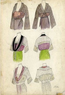 <em>"Day dresses, 1912. Three designs for the bodices of day dresses (Bendel Collection, HB 002-60)"</em>, 1912. Fashion sketch, 12.25 x 8.5 in (31.1 x 21.6 cm). Brooklyn Museum, Fashion sketches. (Photo: Brooklyn Museum, SC01.1_Bendel_Collection_HB_002-60_1912_SL5.jpg