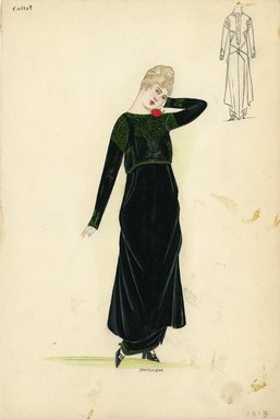 <em>"Day Dress, Callot Soeurs, 1913. Black dress with green embroidery and red flower decoration; full length skirt under ankle length overskirt; long sleeves; possibly velvet with silk embroidery. (Bendel Collection, HB 003-02)"</em>, 1913. Fashion sketch, 12.25 x 8.5 in (31.1 x 21.6 cm). Brooklyn Museum, Fashion sketches. (Photo: Brooklyn Museum, SC01.1_Bendel_Collection_HB_003-02_1913_Callot_SL5.jpg