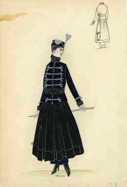 <em>"Day Dress, 1913. Black and navy blue dress; navy blue jacket with silver military-inspired closures and buttons; black calf length skirt over ankle length navy blue hobble skirt; black sash around waist; navy blue and silver cap with silver plume-like embellishment included; silver walking cane included.  (Bendel Collection, HB 003-03)"</em>, 1913. Fashion sketch, 12.25 x 8.5 in (31.1 x 21.6 cm). Brooklyn Museum, Fashion sketches. (Photo: Brooklyn Museum, SC01.1_Bendel_Collection_HB_003-03_1913_SL5.jpg