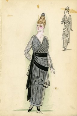 <em>"Day Dress, 1913. Silver dress with sheer overlay; sheer fabric long sleeves; silver tunic under draped and layered sheer overlay with black sash around waist and hips; ankle length skirt; silver hair comb included. (Bendel Collection, HB 003-04)"</em>, 1913. Fashion sketch, 12.25 x 8.5 in (31.1 x 21.6 cm). Brooklyn Museum, Fashion sketches. (Photo: Brooklyn Museum, SC01.1_Bendel_Collection_HB_003-04_1913_SL5.jpg