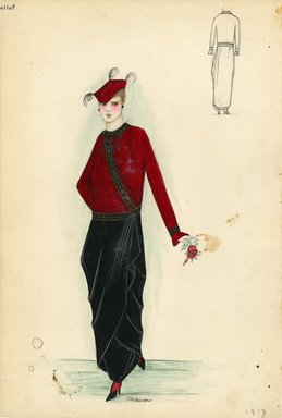 <em>"Day Dress, Callot Soeurs, 1913. Black dress with red jacket; draped black ankle length skirt; red jacket with black and gold embroidery on collar, hem, closure, and sleeves; small red hat with small black plumes. (Bendel Collection, HB 003-05)"</em>, 1913. Fashion sketch, 12.25 x 8.5 in (31.1 x 21.6 cm). Brooklyn Museum, Fashion sketches. (Photo: Brooklyn Museum, SC01.1_Bendel_Collection_HB_003-05_1913_+Callot_SL5.jpg