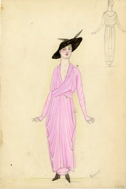 <em>"Day Dress, 1913. Pink dress with draped bodice and skirt; long sleeves; full length; large brown hat included. (Bendel Collection, HB 003-06)"</em>, 1913. Fashion sketch, 12.25 x 8.5 in (31.1 x 21.6 cm). Brooklyn Museum, Fashion sketches. (Photo: Brooklyn Museum, SC01.1_Bendel_Collection_HB_003-06_1913_SL5.jpg