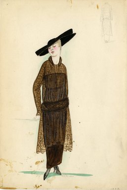 <em>"Day Dress, 1913. Brown dress with chiffon overlay over a velvet bodice and skirt; skunk fur trim at hips and collar; printed sheer chiffon overlay with long sleeves; ankle length skirt; large, flat dark brown hat included. (Bendel Collection, HB 003-07)"</em>, 1913. Fashion sketch, 12.25 x 8.5 in (31.1 x 21.6 cm). Brooklyn Museum, Fashion sketches. (Photo: Brooklyn Museum, SC01.1_Bendel_Collection_HB_003-07_1913_SL5.jpg