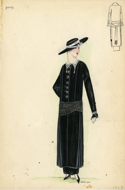 <em>"Day Dress, Jenny, 1913. Black dress with pleated draped overskirt and full length hobble skirt; sash at hips; large square buttons down center front; white collar with tassel ends; large black hat with white sash. (Bendel Collection, HB 003-08)"</em>, 1913. Fashion sketch, 12.25 x 8.5 in (31.1 x 21.6 cm). Brooklyn Museum, Fashion sketches. (Photo: Brooklyn Museum, SC01.1_Bendel_Collection_HB_003-08_1913_SL5.jpg