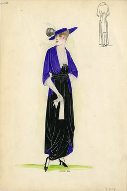 <em>"Day Dress, Callot Soeurs, 1913. Purple and black dress; purple jacket with black skirt and purple lining; ankle length hobble skirt with calf length draped overskirt; black sash at waist; three quarter length sleeves with long white gloves; white blouse under jacket with pin decoration; large; flat purple hat with black plume included. (Bendel Collection, HB 003-09)"</em>, 1913. Fashion sketch, 12.25 x 8.5 in (31.1 x 21.6 cm). Brooklyn Museum, Fashion sketches. (Photo: Brooklyn Museum, SC01.1_Bendel_Collection_HB_003-09_1913_+Callot_SL5.jpg