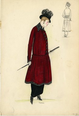 <em>"Day Dress, 1913. Red dress with black hobble skirt; striped red bodice and skirt; projected knife pleats at hips; embroidered collar with embroidery trim on hem and sleeves; walking cane included; black hat with plume embellishment included. (Bendel Collection HB 003-10)"</em>, 1913. Fashion sketch, 12.25 x 8.5 in (31.1 x 21.6 cm). Brooklyn Museum, Fashion sketches. (Photo: Brooklyn Museum, SC01.1_Bendel_Collection_HB_003-10_1913_SL5.jpg