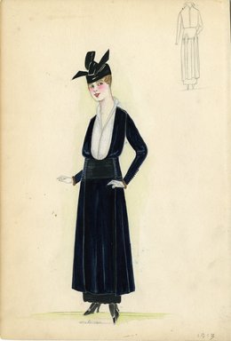 <em>"Day Dress, 1913. Dark blue dress with white shirtwaist; button detail at shoulders, wrists, and hips; scalloped hobble skirt. (Bendel Collection, HB 003-11)"</em>, 1913. Fashion sketch, 12.25 x 8.5 in (31.1 x 21.6 cm). Brooklyn Museum, Fashion sketches. (Photo: Brooklyn Museum, SC01.1_Bendel_Collection_HB_003-11_1913_SL5.jpg