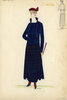 <em>"Day Dress, Belchof David, 1913. Blue dress with tartan skirt with red, yellow, and blue stripes; blue hobble skirt under tartan pleated skirt; ruched bodice around waist; double-breasted with button details on bodice and sleeves; red walking cane included, red hat included. (Bendel Collection, HB 003-12)"</em>, 1913. Fashion sketch, 12.25 x 8.5 in (31.1 x 21.6 cm). Brooklyn Museum, Fashion sketches. (Photo: Brooklyn Museum, SC01.1_Bendel_Collection_HB_003-12_1913_BelchofDavid_SL5.jpg