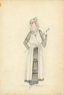 <em>"Day Dress, 1913. White dress, possibly a wedding dress, with white hat and veil; long sleeves made of lace; under bodice and skirt made of lace while over bodice and skirt draped with a white fabric wrapped around front of body and fastened with buckle; fringe on draped skirt; tiered lace skirt; walking cane included. (Bendel Collection, HB 003-14)"</em>, 1913. Fashion sketch, 12.25 x 8.5 in (31.1 x 21.6 cm). Brooklyn Museum, Fashion sketches. (Photo: Brooklyn Museum, SC01.1_Bendel_Collection_HB_003-14_1913_SL5.jpg