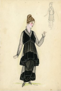 <em>"Day Dress, 1913. Black dress with tiered paneled skirt; vest-like bodice with sheer fabric blouse with a  ruffled collar and sleeves; sleeves fastened with black band at wrists; skirt consists of two tiers of sheer fabric and a black ankle length hobble skirt; sheer skirt tiers trimmed with black fabric; lampshade silhouette. (Bendel Collection, HB 003-16)"</em>, 1913. Fashion sketch, 12.25 x 8.5 in (31.1 x 21.6 cm). Brooklyn Museum, Fashion sketches. (Photo: Brooklyn Museum, SC01.1_Bendel_Collection_HB_003-16_1913_SL5.jpg