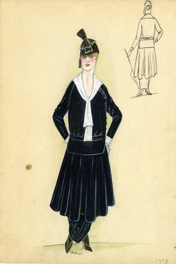 <em>"Day Dress, 1913. Navy blue dress with white sailor-like collar; button closure at left side seam; calf length skirt over ankle length hobble skirt; dark blue hat with bow embellishment included. (Bendel Collection, HB 003-17)"</em>, 1913. Fashion sketch, 12.25 x 8.5 in (31.1 x 21.6 cm). Brooklyn Museum, Fashion sketches. (Photo: Brooklyn Museum, SC01.1_Bendel_Collection_HB_003-17_1913_SL5.jpg