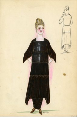 <em>"Day Dress,  1913. Dark brown tiered dress with brown hobble skirt; loose three quarter sleeves with button detail along shoulder and sleeve seams; square neckline with white trim. (Bendel Collection, HB 003-18)"</em>, 1913. Fashion sketch, 12.25 x 8.5 in (31.1 x 21.6 cm). Brooklyn Museum, Fashion sketches. (Photo: Brooklyn Museum, SC01.1_Bendel_Collection_HB_003-18_1913_SL5.jpg