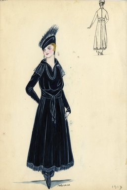 <em>"Day Dress, 1913. Dark blue dress; long sleeves with button detail along wrists; ankle length skirt with fringe over full length hobble skirt; large sash around waist; sheer fabric embellishments on shoulders; blue hat with plume embellishment included. (Bendel Collection, HB 003-19)"</em>, 1913. Fashion sketch, 12.25 x 8.5 in (31.1 x 21.6 cm). Brooklyn Museum, Fashion sketches. (Photo: Brooklyn Museum, SC01.1_Bendel_Collection_HB_003-19_1913_SL5.jpg