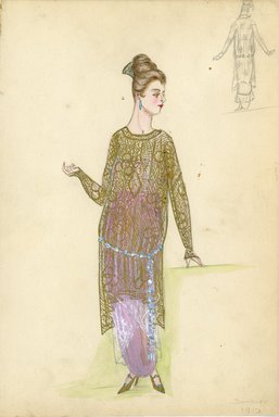 <em>"Day Dress, Summer 1913. Pink and gold dress; pink bodice and skirt with gold lace overlay with long sleeves; ankle length pink skirt; blue beaded sash around lower hips; gold hair comb included. (Bendel Collection, HB 003-22)"</em>, 1913. Fashion sketch, 12.25 x 8.5 in (31.1 x 21.6 cm). Brooklyn Museum, Fashion sketches. (Photo: Brooklyn Museum, SC01.1_Bendel_Collection_HB_003-22_1913_SL5.jpg