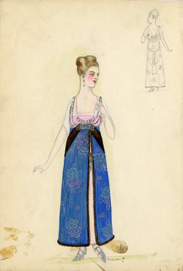 <em>"Day Dress, Summer 1913. Dress with blue floral printed skirt and a white and pink bodice; jewel embellishments on bodice and attached to the skirt; brown fur trim on skirt; ankle length skirt with slit from hem to high waist. (Bendel Collection, HB 003-23)"</em>, 1913. Fashion sketch, 12.25 x 8.5 in (31.1 x 21.6 cm). Brooklyn Museum, Fashion sketches. (Photo: Brooklyn Museum, SC01.1_Bendel_Collection_HB_003-23_1913_SL5.jpg