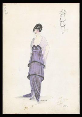 <em>"Evening dress, 1913. Two-tiered purple lampshade style dress; floor length with short train; sheer sleeves; right sleeve decorated; left sleeve finished with tassel; back view included.  (Bendel Collection, HB 004-01)"</em>, 1913. Printed material. Brooklyn Museum, Fashion sketches. (SC01.1_Bendel_Collection_HB_004-01_1913_SL1.jpg