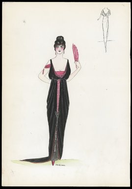 <em>"Evening dress. Empire style black dress; sleeveless draped bodice; floor length skirt open in front to reveal black underskirt; red slip under bodice; metallic decoration on bodice; red decorated band falling from waist ending in series of tassels; red fan; back view included. (Bendel Collection, HB 004-03)"</em>, 1913. Printed material. Brooklyn Museum, Fashion sketches. (SC01.1_Bendel_Collection_HB_004-03_1913_SL1.jpg