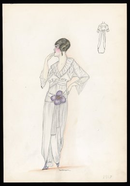 <em>"Day dress, 1913. Long white dress; ruffled v-neck bodice; 3/4 length sleeves; long sash at waist finished with large purple flower; back view included. (Bendel Collection, HB 004-04)"</em>, 1913. Printed material. Brooklyn Museum, Fashion sketches. (SC01.1_Bendel_Collection_HB_004-04_1913_SL1.jpg