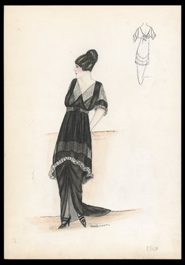 <em>"Dress, 1913. Long black dress; knee length over shirt trimmed in white; white trim on edge of elbow length sleeve; back view included. (Bendel Collection, HB 004-05)"</em>, 1913. Printed material. Brooklyn Museum, Fashion sketches. (SC01.1_Bendel_Collection_HB_004-05_1913_SL1.jpg