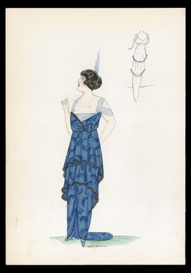 <em>"Evening dress, 1913. Two-tired long blue sleeveless dress with short train; abstract pattern on dress; brown trim on tiers and one side of bodice; back view included. (Bendel Collection, HB 004-06)"</em>, 1913. Printed material. Brooklyn Museum, Fashion sketches. (SC01.1_Bendel_Collection_HB_004-06_1913_SL1.jpg