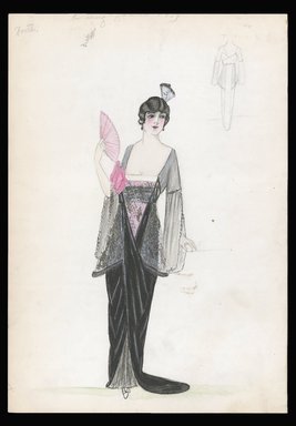 <em>"Evening Dress, Worth, 1913. Long black dress with short train and open front; sheer top with long open sleeves; pink under slip; top, sleeves and slip decorated with gold glitter; large pink bow on side of bodice; pink fan; head comb trimmed with gold glitter; back view included. (Bendel Collection, HB 004-08)"</em>, 1913. Printed material. Brooklyn Museum, Fashion sketches. (SC01.1_Bendel_Collection_HB_004-08_1913_SL1.jpg