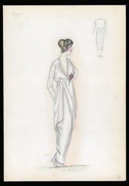 <em>"Dress, Paquin, 1913. Long white dress; draped short over skirt; low v-neck bodice; rose attached at waist; back view included. (Bendel Collection, HB 004-09)"</em>, 1913. Printed material. Brooklyn Museum, Fashion sketches. (SC01.1_Bendel_Collection_HB_004-09_1913_SL1.jpg