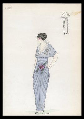 <em>"Dress, Callot, 1913. Long grey dress; short sleeve; decoration on front of bodice; v-neck trimmed with white ruffle; flower attached to skirt; back view included. (Bendel Collection, HB 004-10)"</em>, 1913. Printed material. Brooklyn Museum, Fashion sketches. (SC01.1_Bendel_Collection_HB_004-10_1913_SL1.jpg