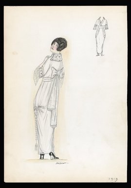 <em>"Dress, 1913. Long white dress; shown from back; tassel attached to side of skirt; large bow at back; elbow length sleeves with sheer ruffles; stand up collar; black and white high heel shoes; front view included. (Bendel Collection HB 004-11)"</em>, 1913. Printed material. Brooklyn Museum, Fashion sketches. (SC01.1_Bendel_Collection_HB_004-11_1913_SL1.jpg