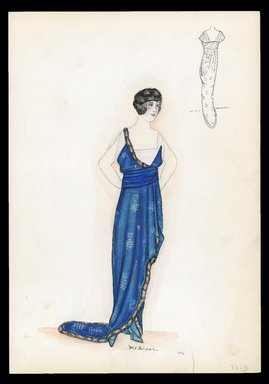 <em>"Evening dress, 1913. Long blue sleeveless dress with short train; wide waist sash; fabric design in white and gold; back view included. (Bendel Collection, HB 004-12)"</em>, 1913. Printed material. Brooklyn Museum, Fashion sketches. (SC01.1_Bendel_Collection_HB_004-12_1913_SL1.jpg