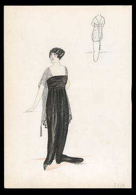 <em>"Evening dress, 1913. Long black evening dress; sheer over skirt and sleeves with tassel; back view included. (Bendel Collection, HB 004-13)"</em>, 1913. Printed material. Brooklyn Museum, Fashion sketches. (SC01.1_Bendel_Collection_HB_004-13_1913_SL1.jpg