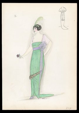 <em>"Evening dress, 1913. Long green dress with train; sheer pink sleeves; sash at waist tied with large bow; diagonal piece of fur on skirt; headband with green feather;  gold metallic glitter used on edge of sleeves; bow and head band; back view included. (Bendel Collection, HB 004-14)"</em>, 1913. Printed material. Brooklyn Museum, Fashion sketches. (SC01.1_Bendel_Collection_HB_004-14_1913_SL1.jpg