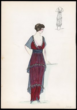 <em>"Evening dress, 1913. Long red dress; 2-tiered sheer grey overskirt; trimmed in white; elbow length sheer grey sleeves; deep v-neckline with rose attached at v; sheer pink under slip at bodice; back view included. (Bendel Collection, HB 004-17)"</em>, 1913. Printed material. Brooklyn Museum, Fashion sketches. (SC01.1_Bendel_Collection_HB_004-17_1913_SL1.jpg