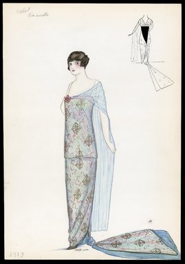 <em>"Evening dress, Callot, 1913. Long light blue dress with long train; sleeveless; sheer light blue fabric panel attached to front of bodice and worn at back; dress fabric with abstract floral design in red and gold; back view included. (Bendel Collection, HB 004-18)"</em>, 1913. Printed material. Brooklyn Museum, Fashion sketches. (SC01.1_Bendel_Collection_HB_004-18_1913_SL1.jpg