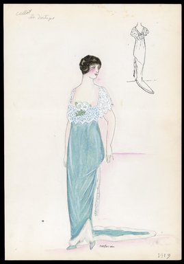 <em>"Evening dress, Callot, 'Le. Vertiye', 1913. Empire style long blue dress; blue train and white underskirt; deep square neck bodice and sleeves in white lace; 2 white roses attached to front of bodice; tassel; back view included. (Bendel Collection, HB 004-20)"</em>, 1913. Printed material. Brooklyn Museum, Fashion sketches. (SC01.1_Bendel_Collection_HB_004-20_1913_SL1.jpg