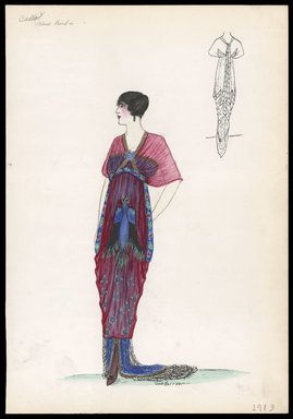 <em>"Evening dress, Callot, 'Blue Bird', 1913. Long blue dress with short train; sheer red overdress with large blue bird on front and rows of small flowers; trimmed at sides and under bust with blue band with design of small flowers in red, green and white; crossed bands in gold at v-neck and along train; back view included. (Bendel Collection, HB 004-22)"</em>, 1913. Printed material. Brooklyn Museum, Fashion sketches. (SC01.1_Bendel_Collection_HB_004-22_1913_SL1.jpg