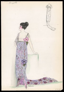 <em>"Evening dress, Callot, 'Grazielle', 1913. Long dress with long train; floral design in red, green, orange, and pink; sheer white over dress trimmed with silver glitter; short sheer white assymetrical sleeves trimmed with silver glitter; large flower attached to bodice and skirt; back view included. (Bendel Collection, HB 004-24)"</em>, 1913. Printed material. Brooklyn Museum, Fashion sketches. (SC01.1_Bendel_Collection_HB_004-24_1913_SL1.jpg