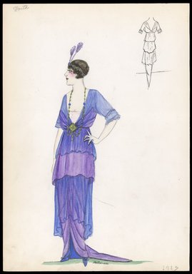 <em>"Dress, Worth, 1913. Long dress with 3 tiers in blue and purple alternating over purple dress with train; elbow length sheer blue sleeves; deep v-neck bodice; necklace of beads attached to diamond shaped pin pinned to front of dress; beaded headband with 2 purple feathers; back view included. (Bendel Collection, HB 004-25)"</em>, 1913. Printed material. Brooklyn Museum, Fashion sketches. (SC01.1_Bendel_Collection_HB_004-25_1913_SL1.jpg