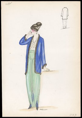 <em>"Dress, Callot, 1913. Long green dress; soft belt with long ties ending in blue tassels; 3/4 length blue jacket trimmed with fur; triangular head scarf in white and gold; back view included. (Bendel Collection, HB 004-26)"</em>, 1913. Printed material. Brooklyn Museum, Fashion sketches. (SC01.1_Bendel_Collection_HB_004-26_1913_SL1.jpg